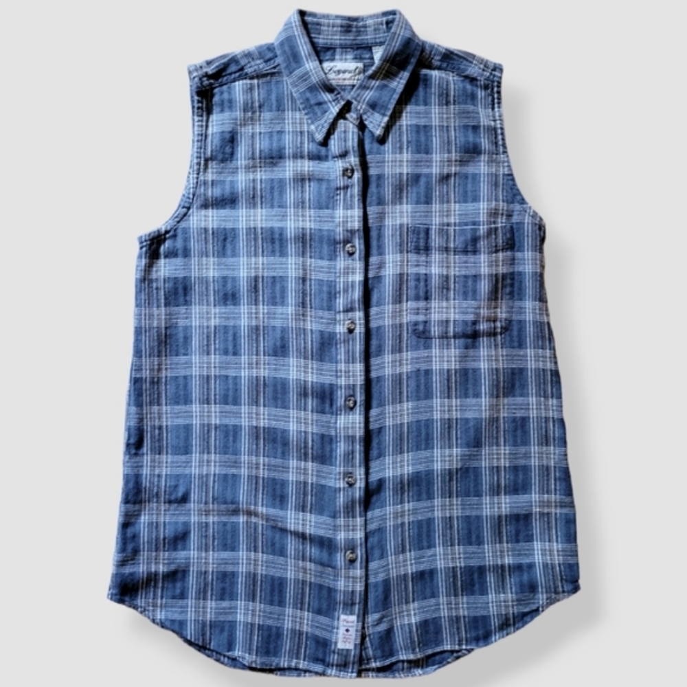 Vintage Blue Plaid Sleeveless Button-Down Shirt
